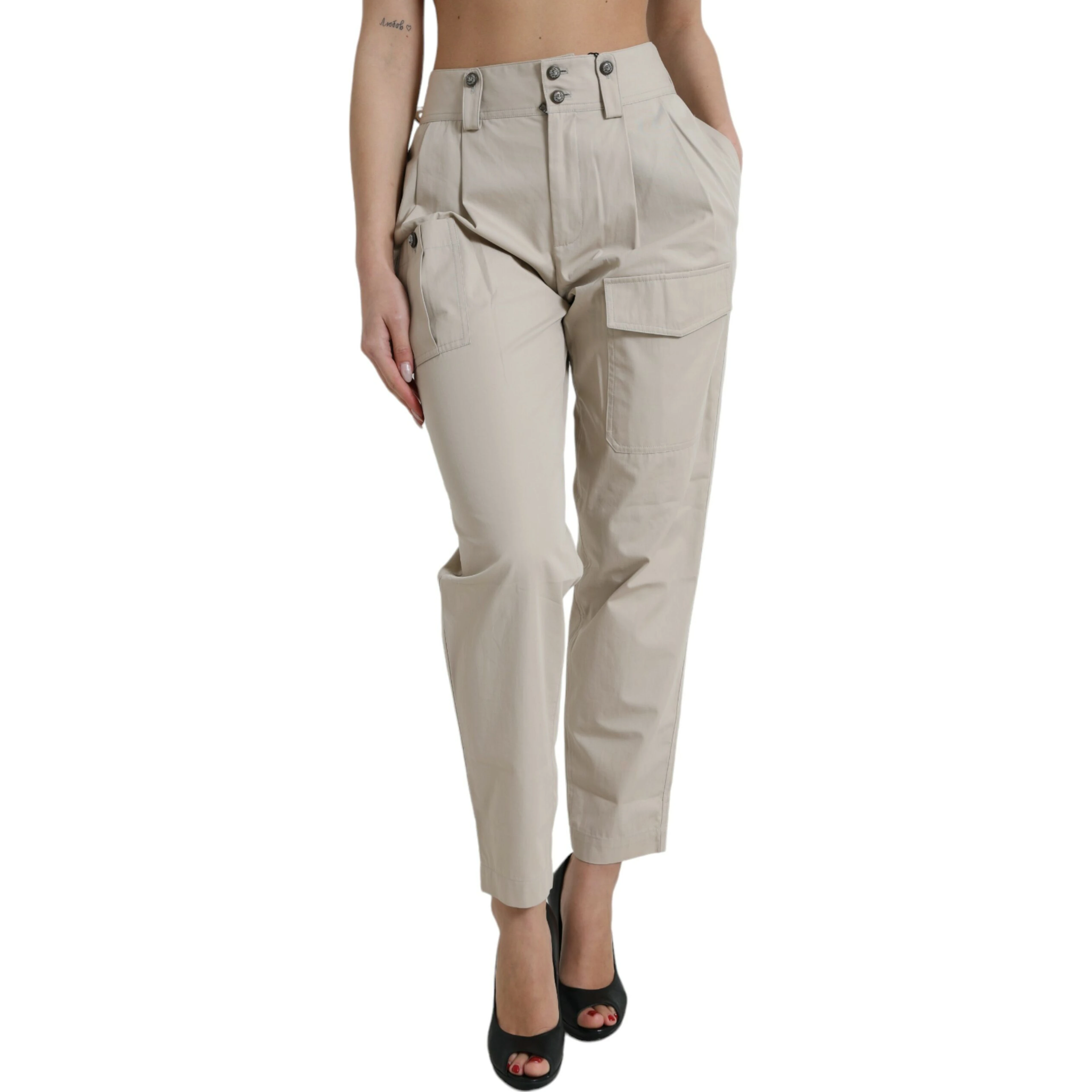 Beige Cotton High Waist Tapered Pants