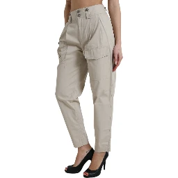 Beige Cotton High Waist Tapered Pants