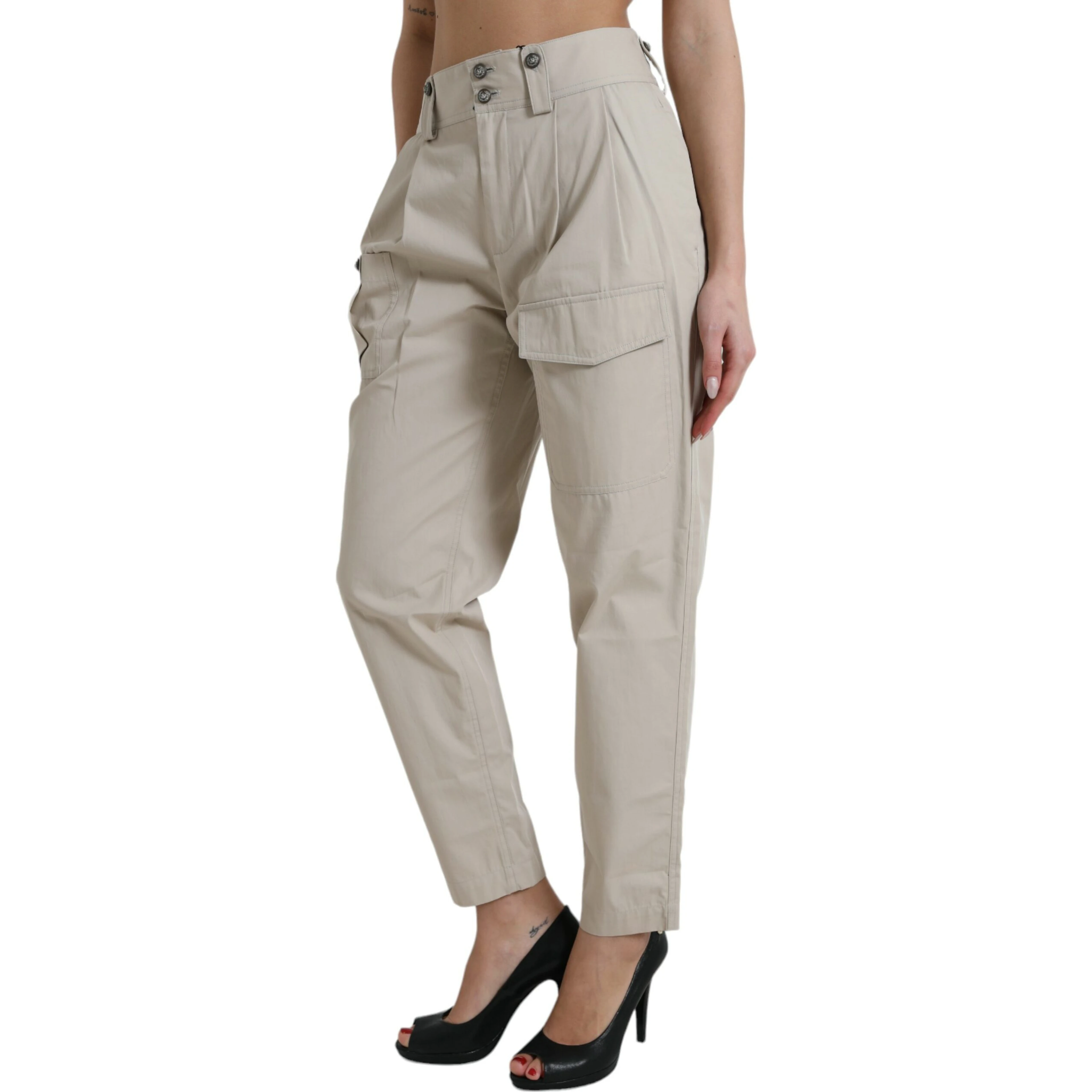 Beige Cotton High Waist Tapered Pants