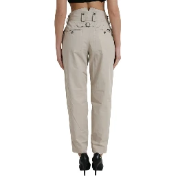 Beige Cotton High Waist Tapered Pants