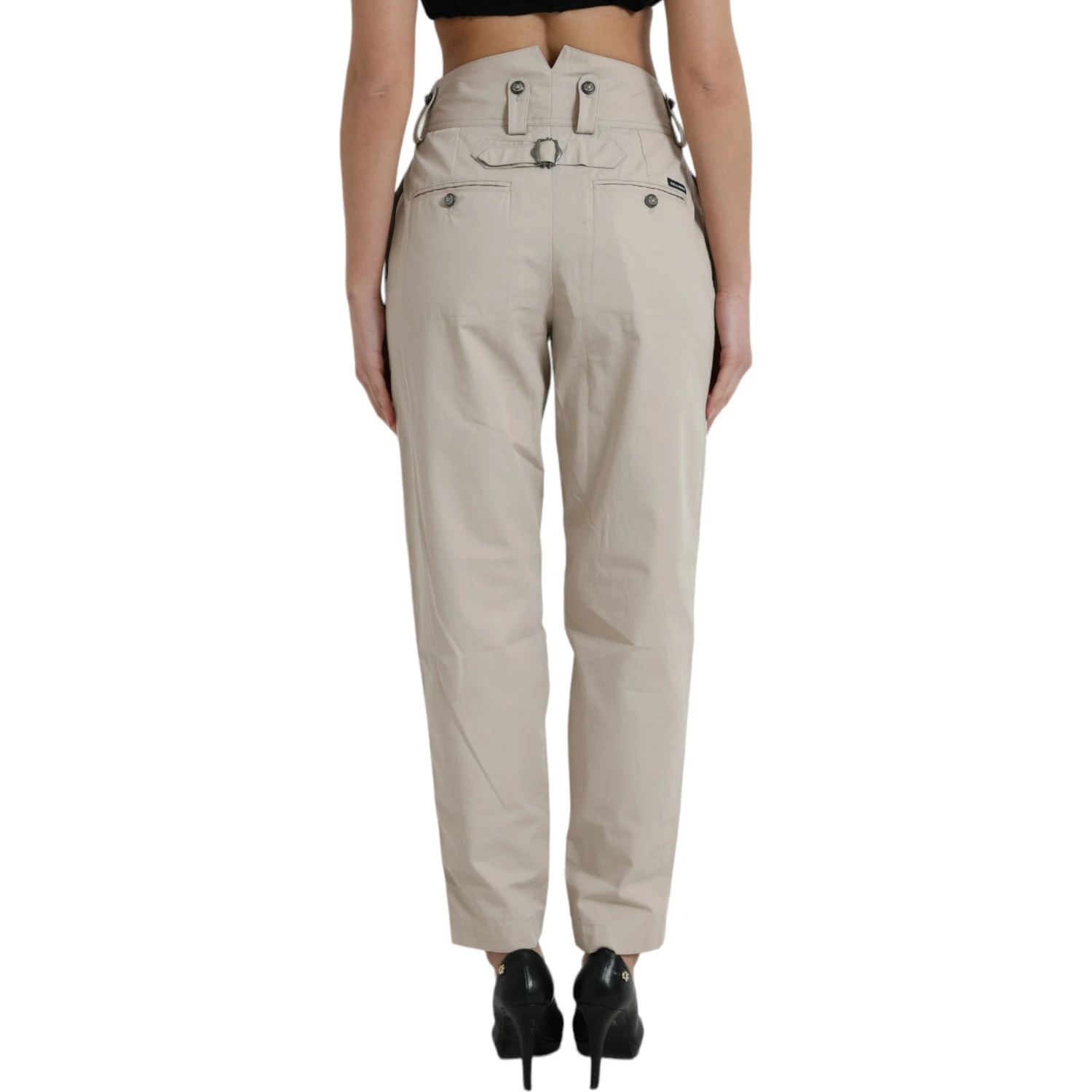 Beige Cotton High Waist Tapered Pants