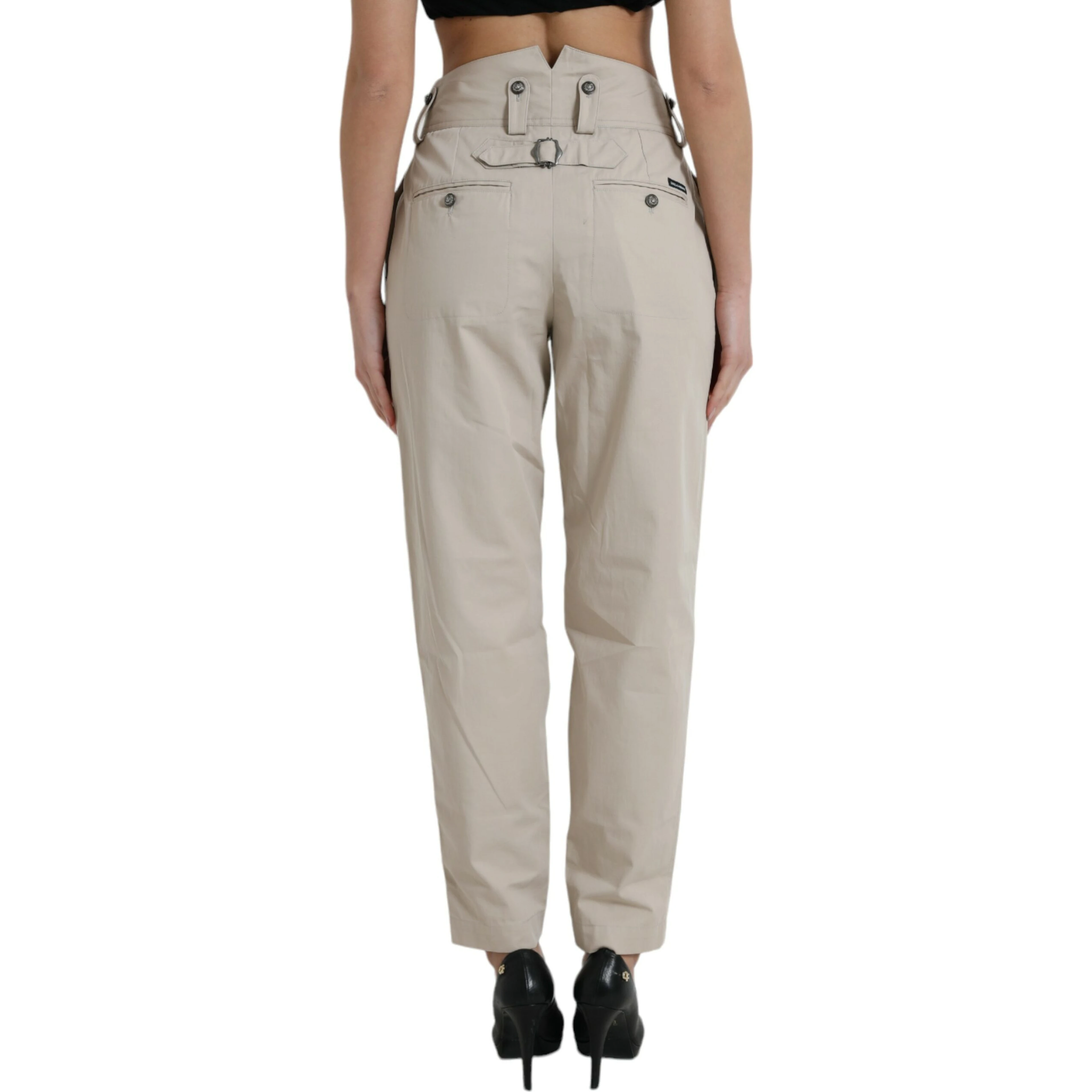 Beige Cotton High Waist Tapered Pants