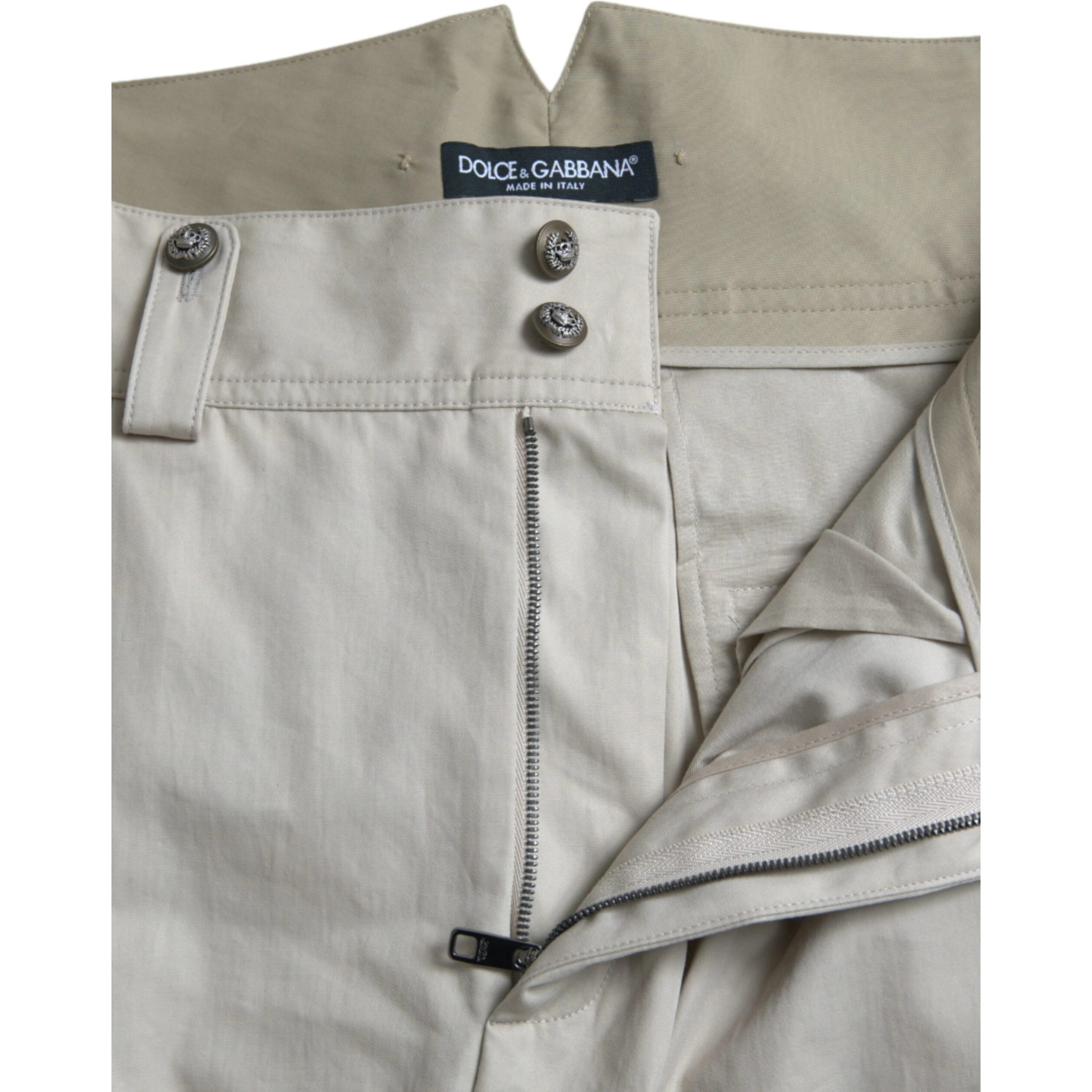 Beige Cotton High Waist Tapered Pants
