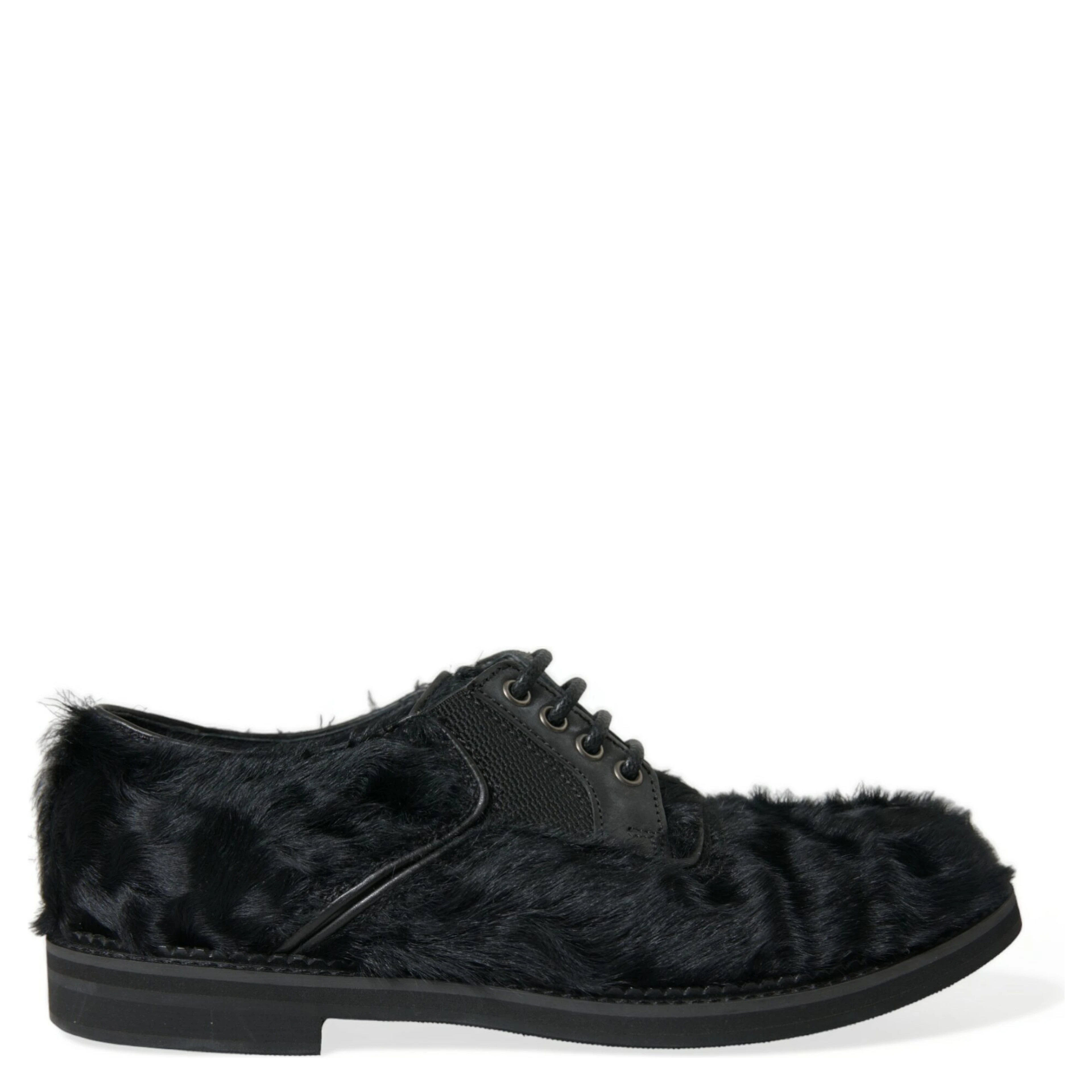 Black Fur Leather Lace Up Derby Dress Shoes