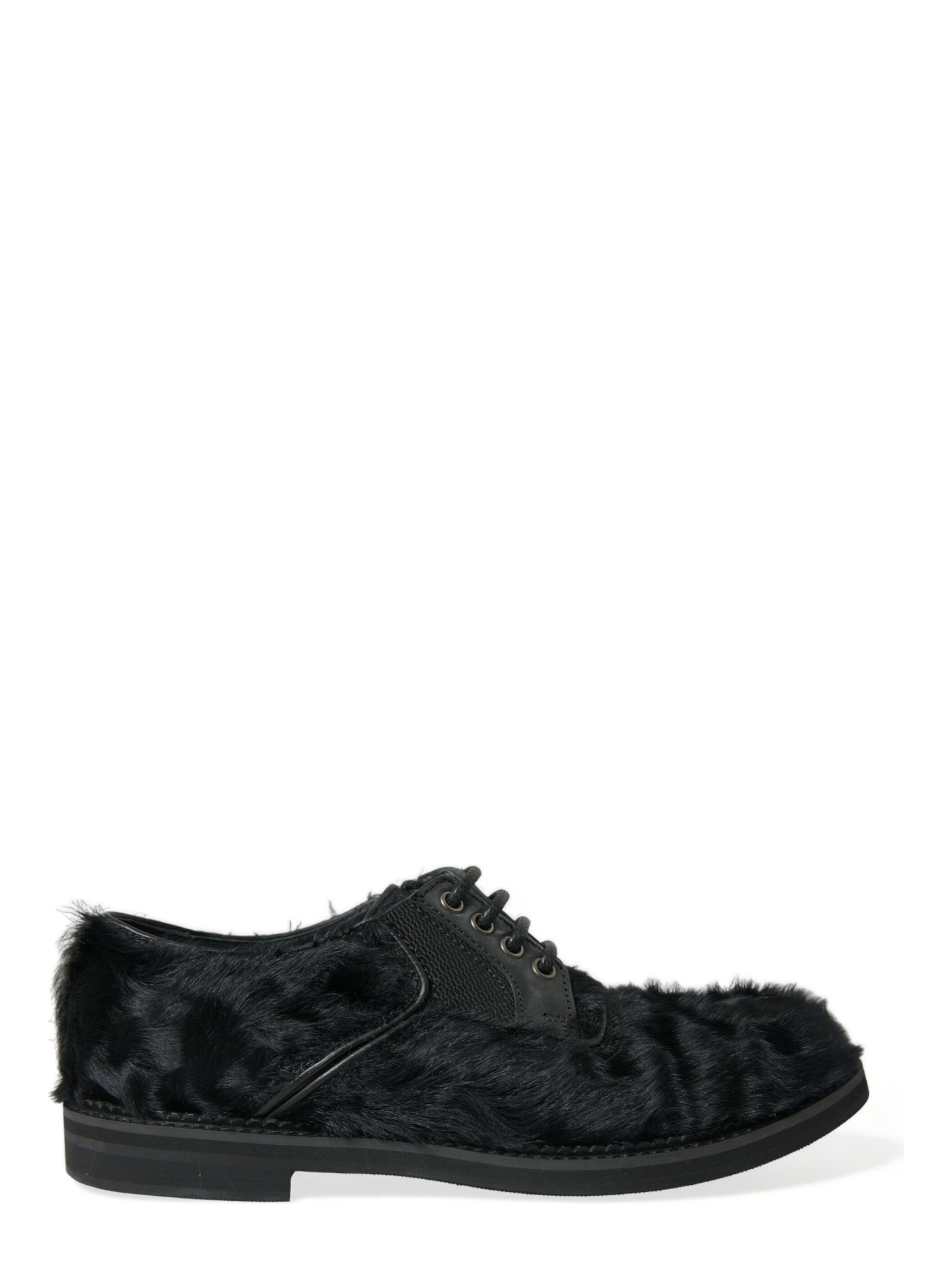 Black Fur Leather Lace Up Derby Dress Shoes