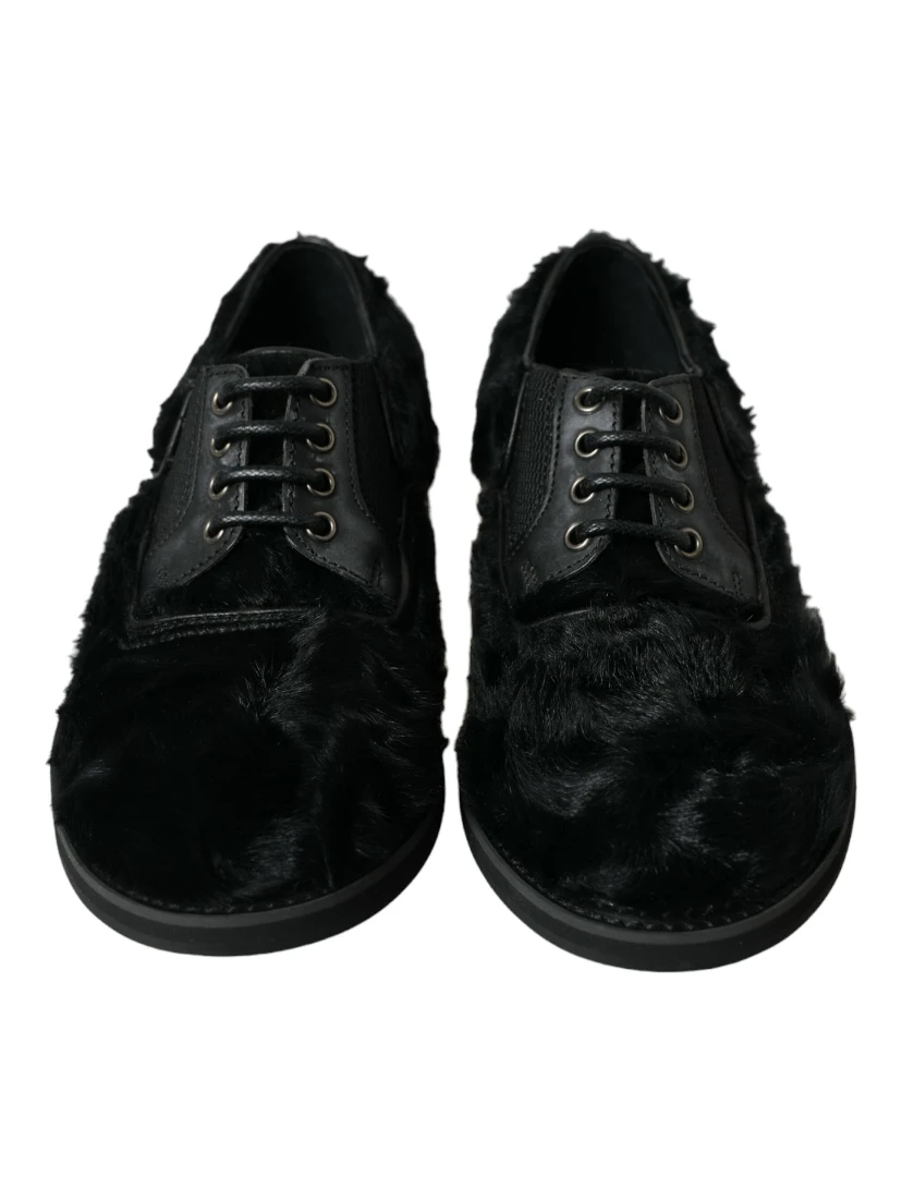 Black Fur Leather Lace Up Derby Dress Shoes