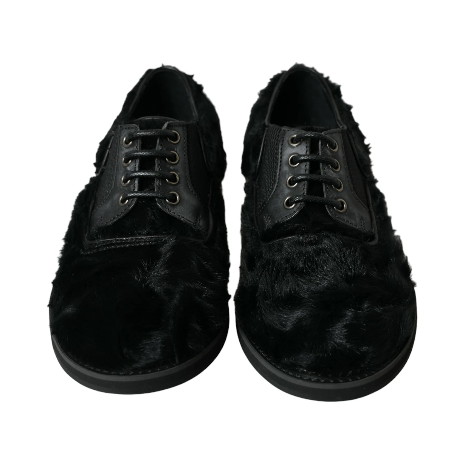 Black Fur Leather Lace Up Derby Dress Shoes