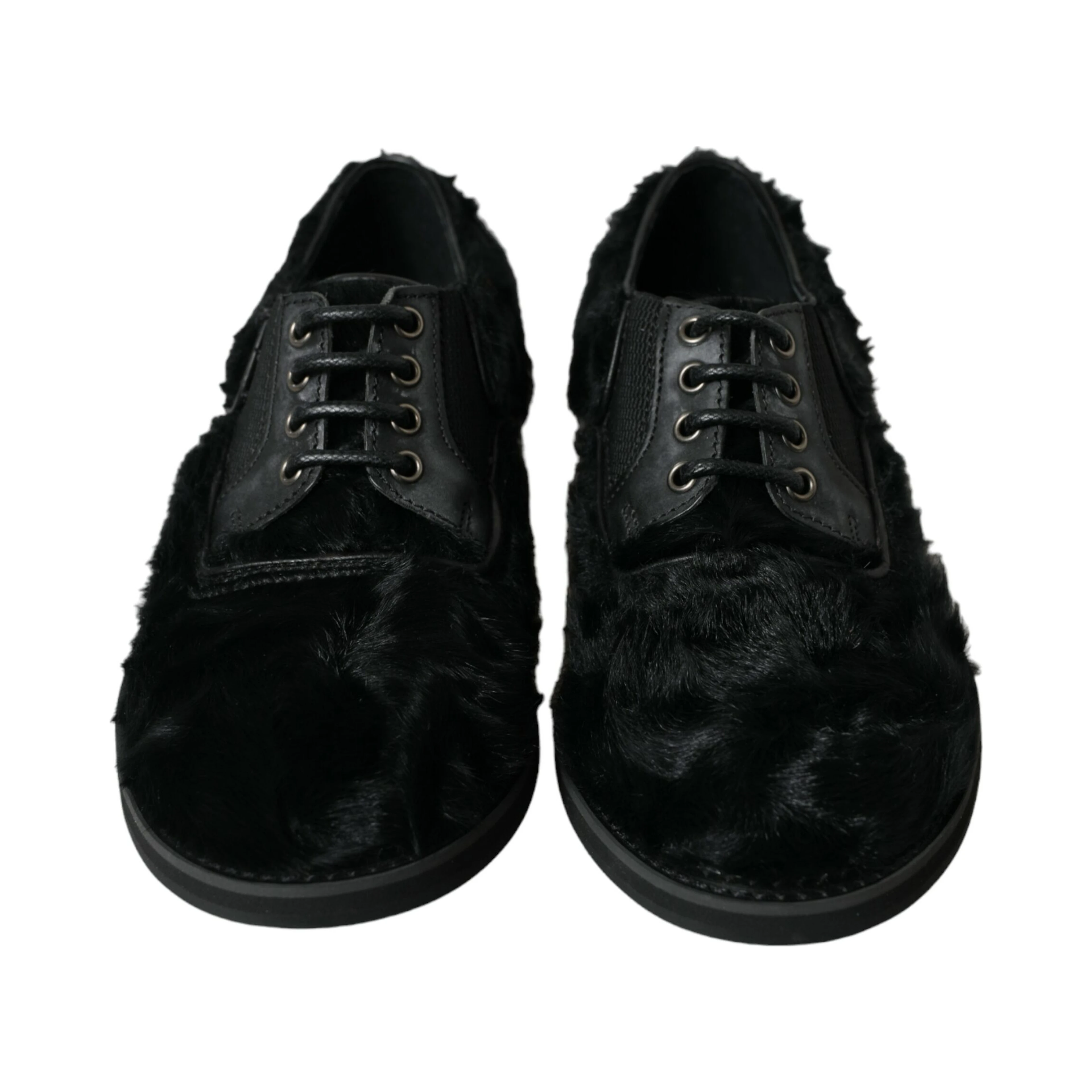 Black Fur Leather Lace Up Derby Dress Shoes
