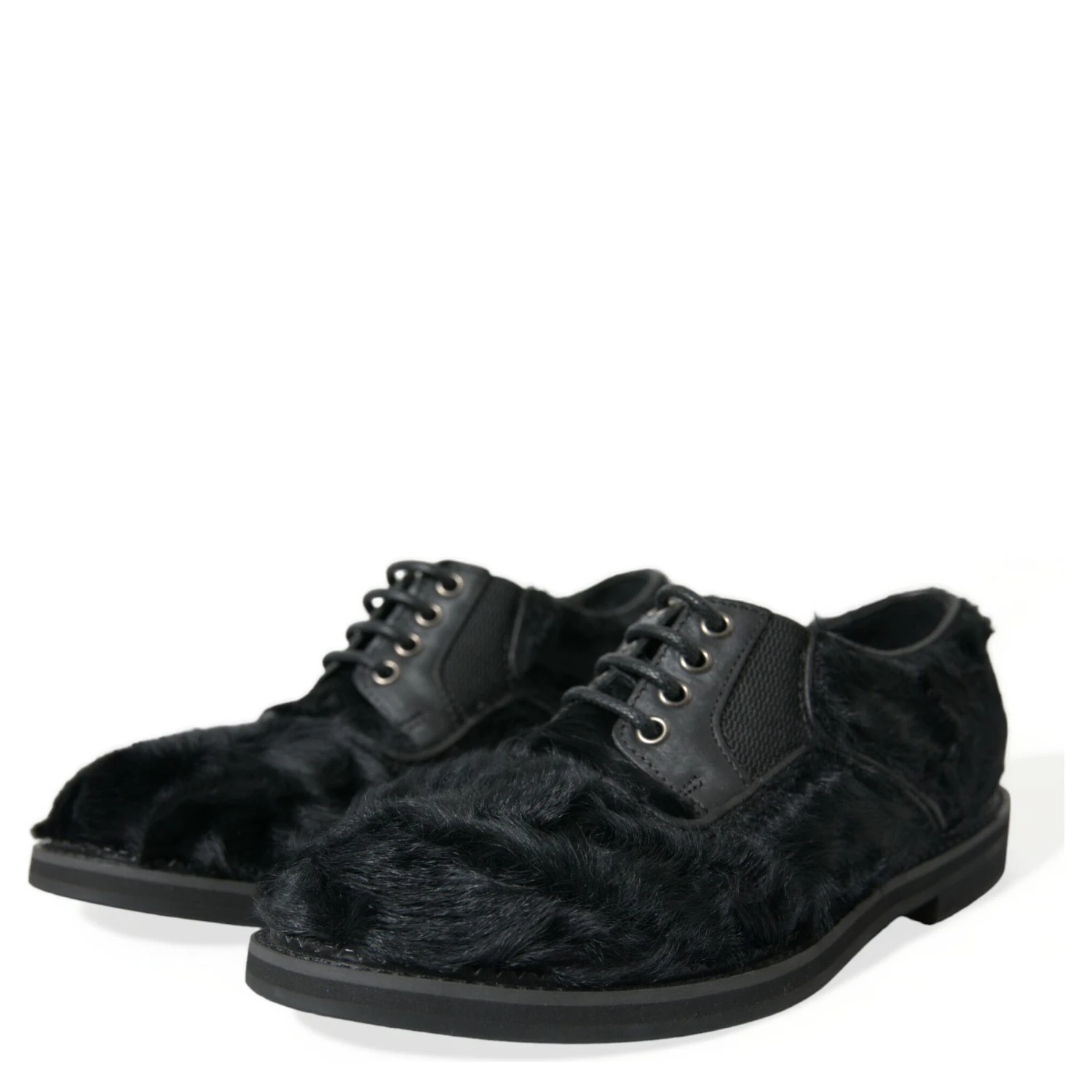 Black Fur Leather Lace Up Derby Dress Shoes