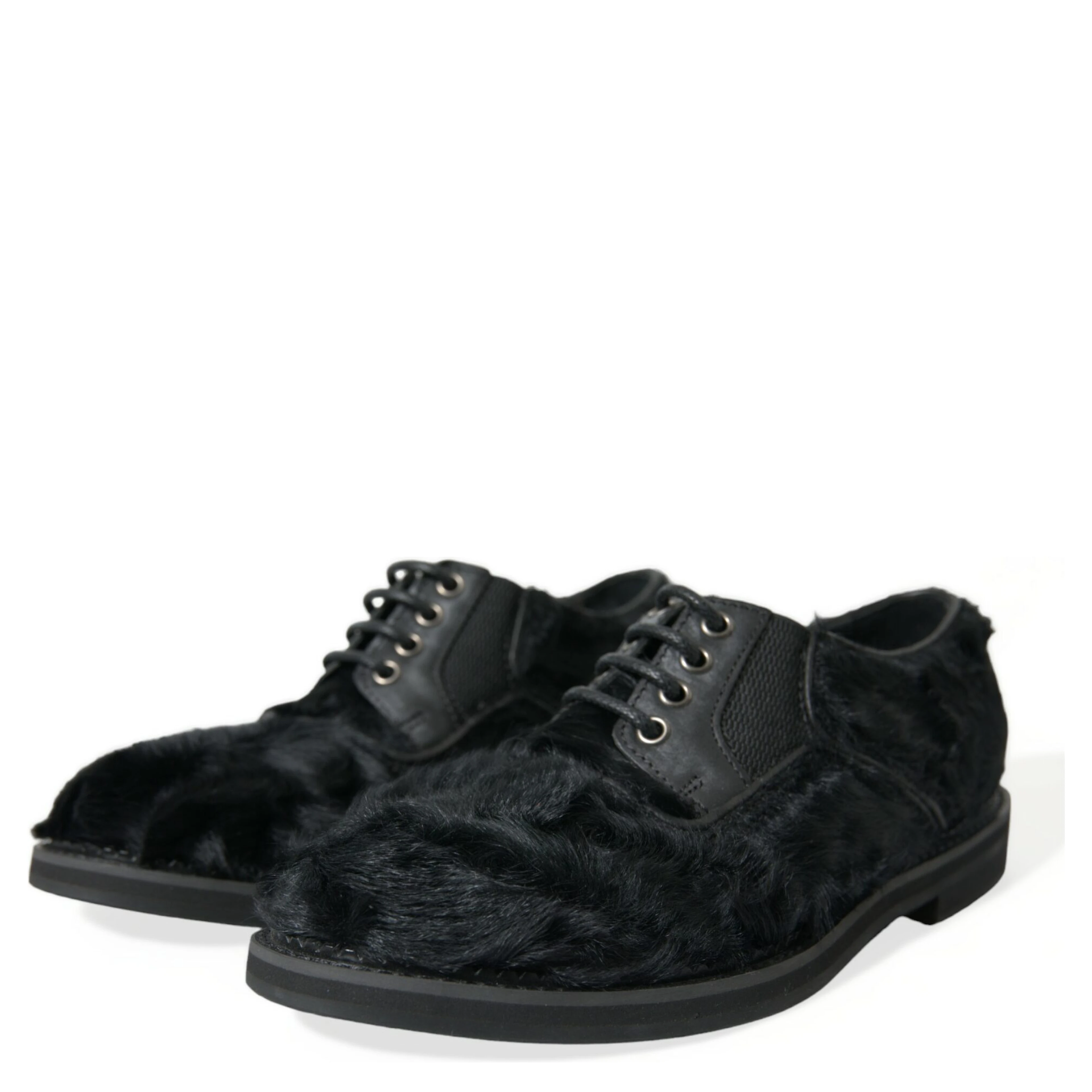 Black Fur Leather Lace Up Derby Dress Shoes