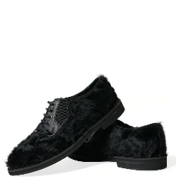 Black Fur Leather Lace Up Derby Dress Shoes
