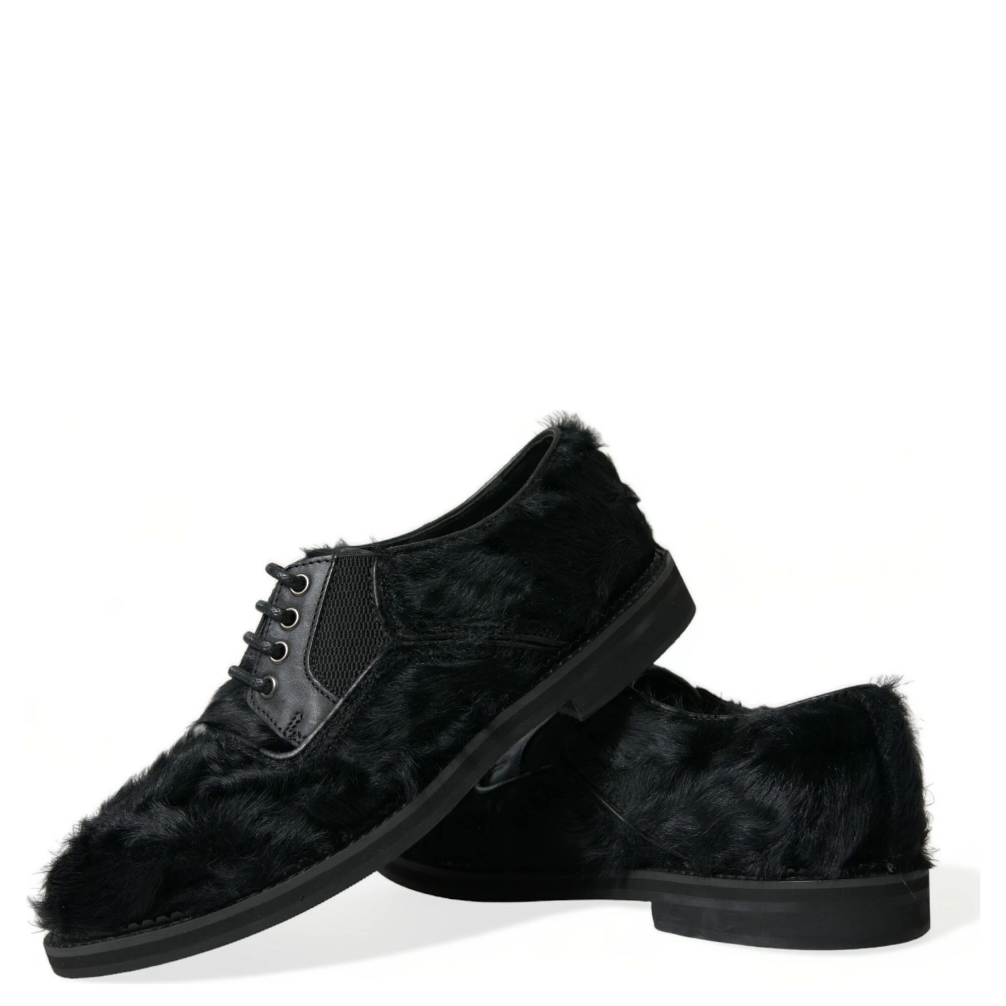 Black Fur Leather Lace Up Derby Dress Shoes