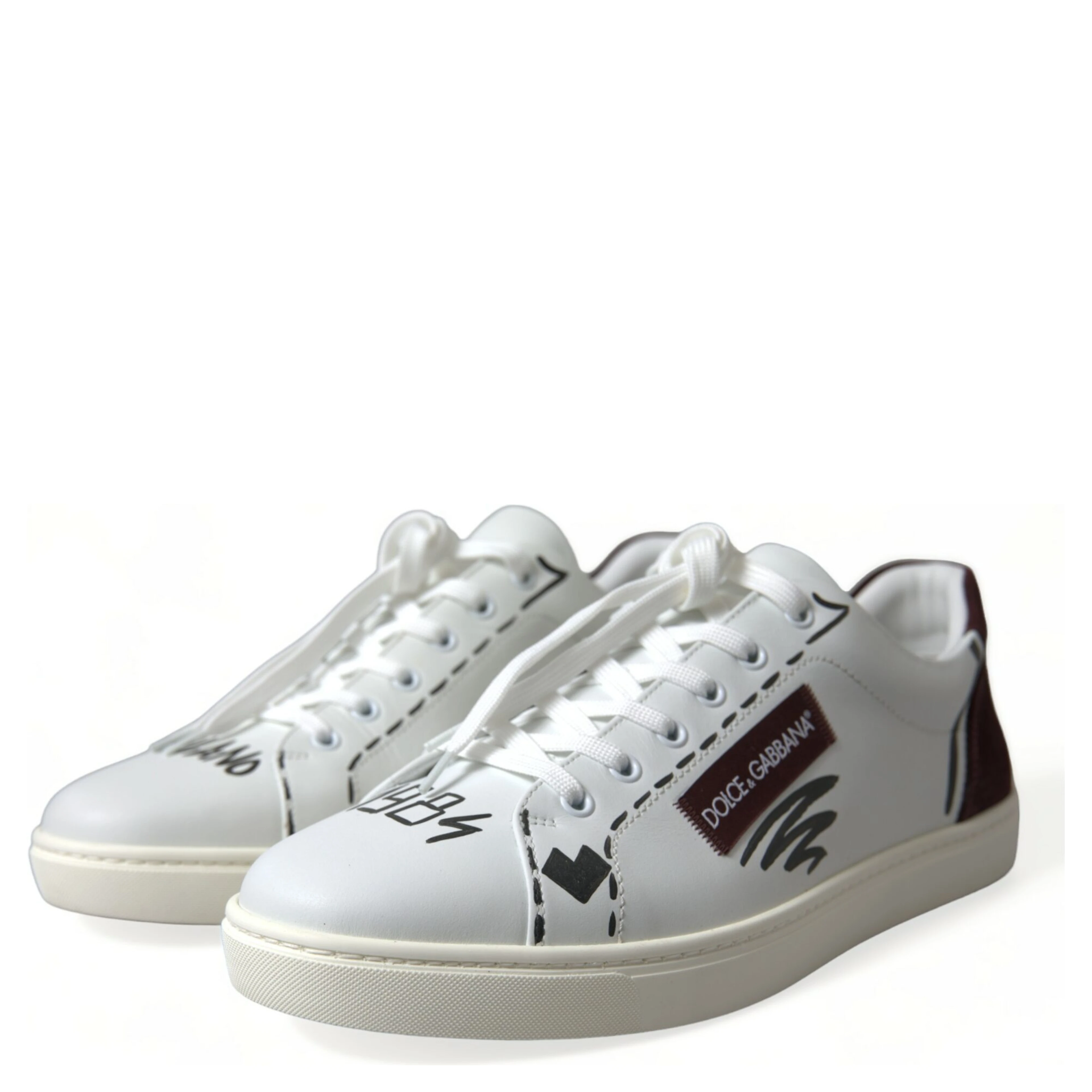 White Bordeaux Leather Logo Low Top Sneakers Shoes