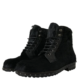 Black Pony Style Leather Mid Calf Boots Shoes