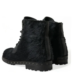 Black Pony Style Leather Mid Calf Boots Shoes