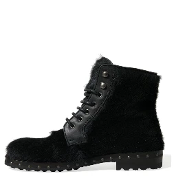 Black Pony Style Leather Mid Calf Boots Shoes