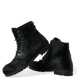 Black Pony Style Leather Mid Calf Boots Shoes