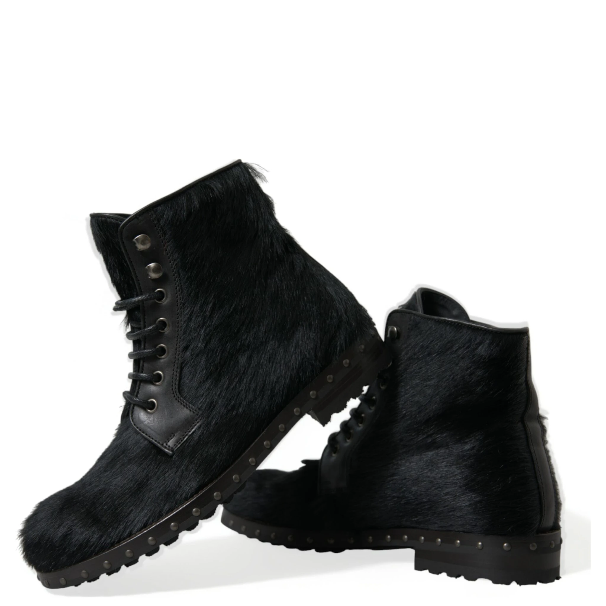 Black Pony Style Leather Mid Calf Boots Shoes