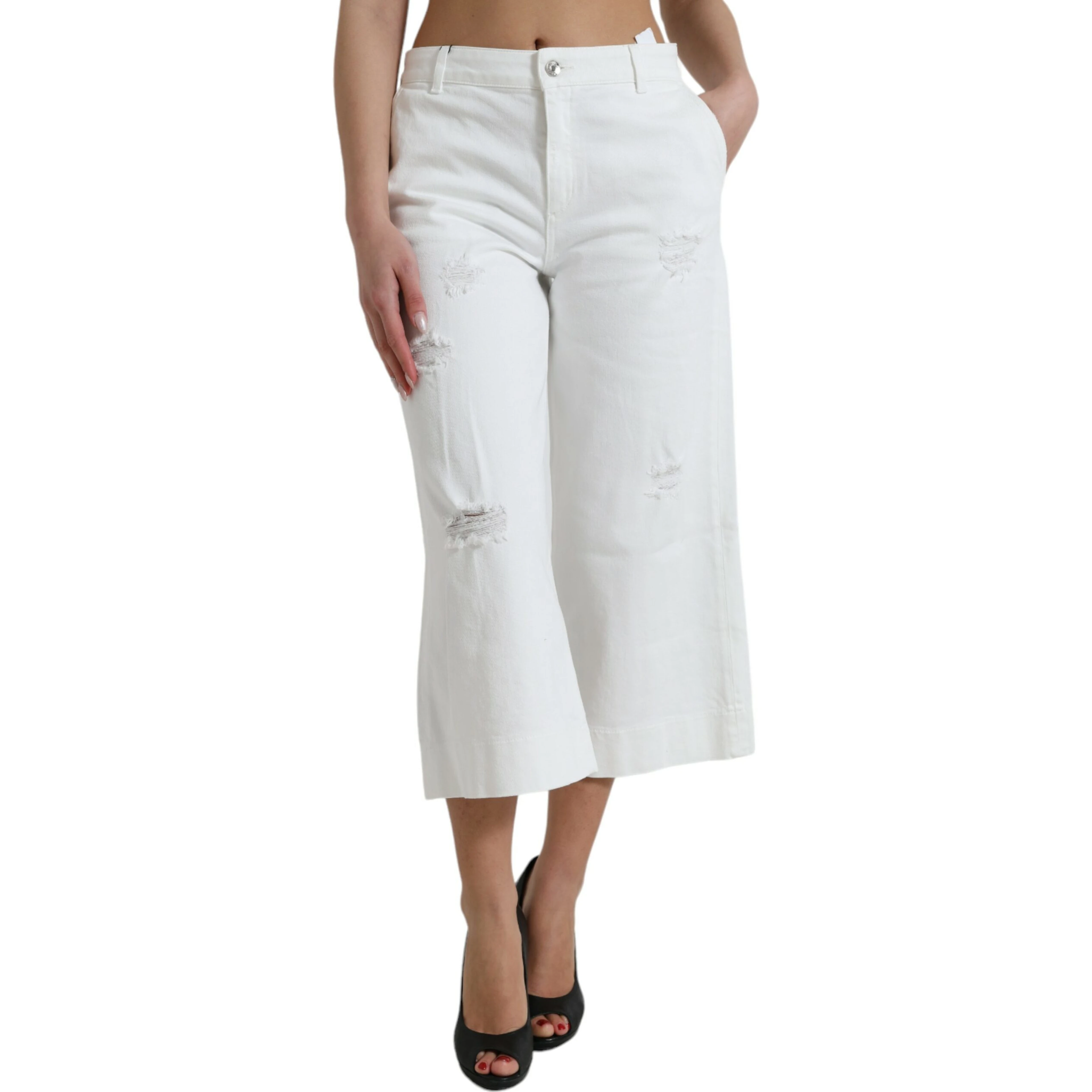 White Cotton Cropped Wide Leg Denim Jeans