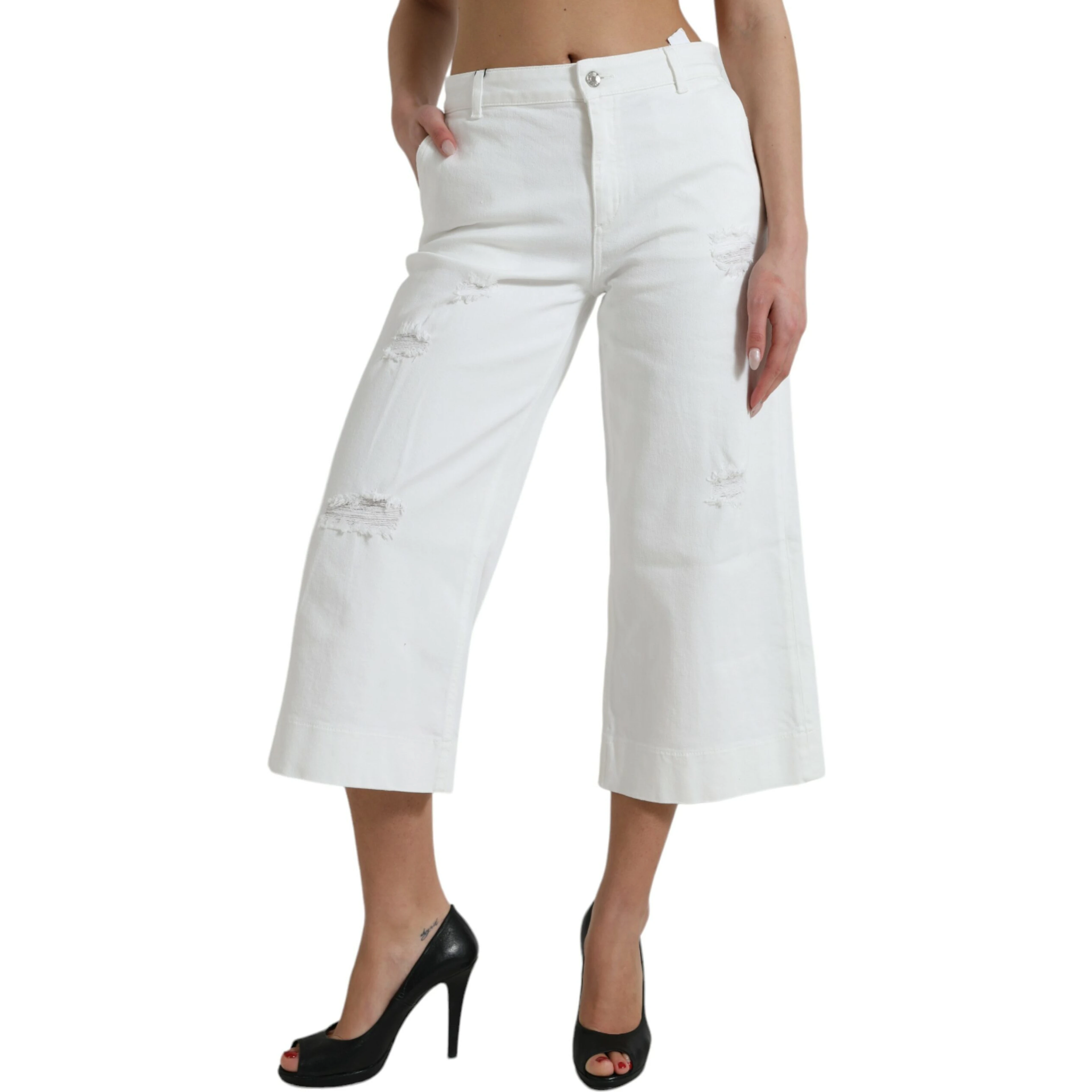 White Cotton Cropped Wide Leg Denim Jeans
