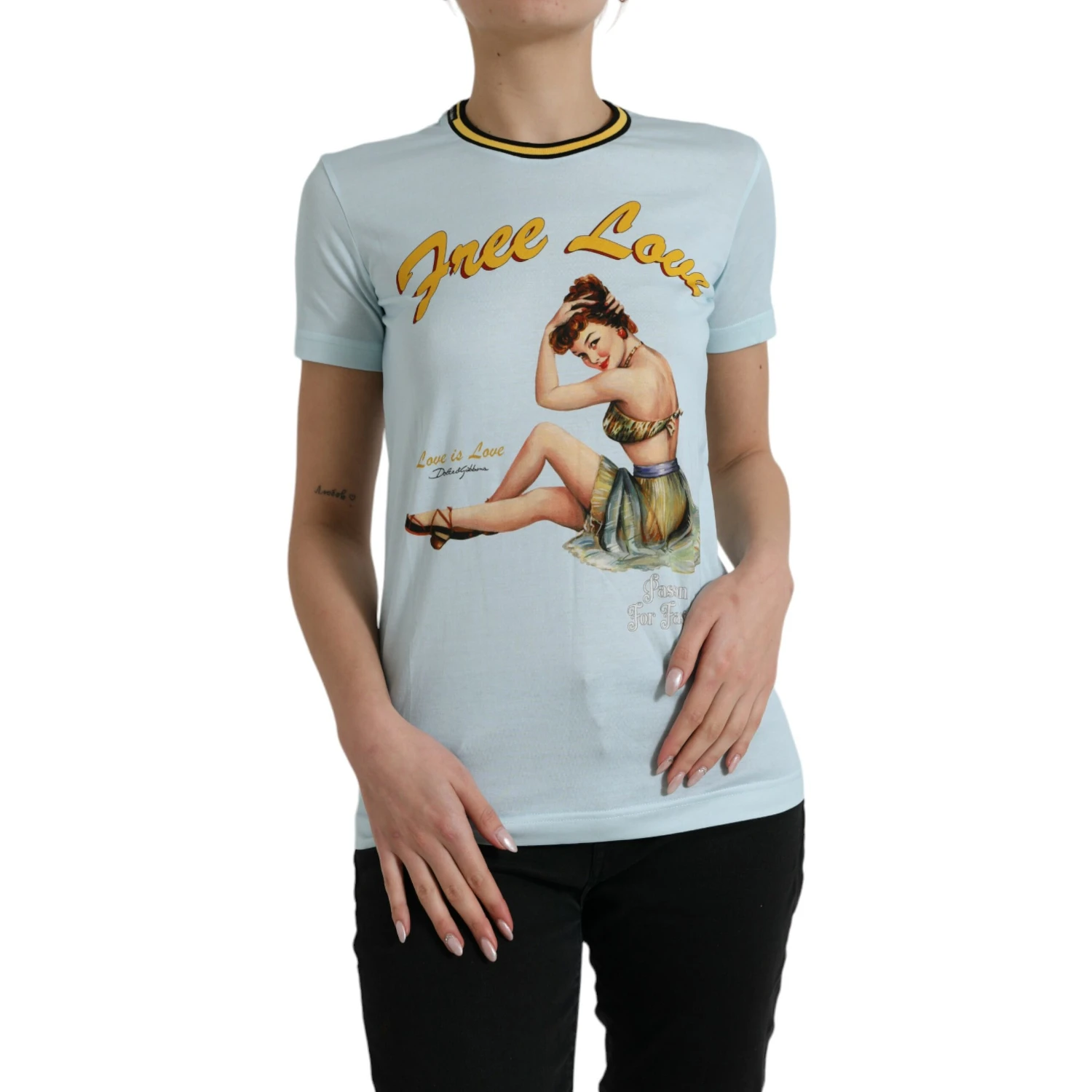 Light Blue Cotton Free Love Crew Neck T-shirt