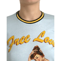 Light Blue Cotton Free Love Crew Neck T-shirt