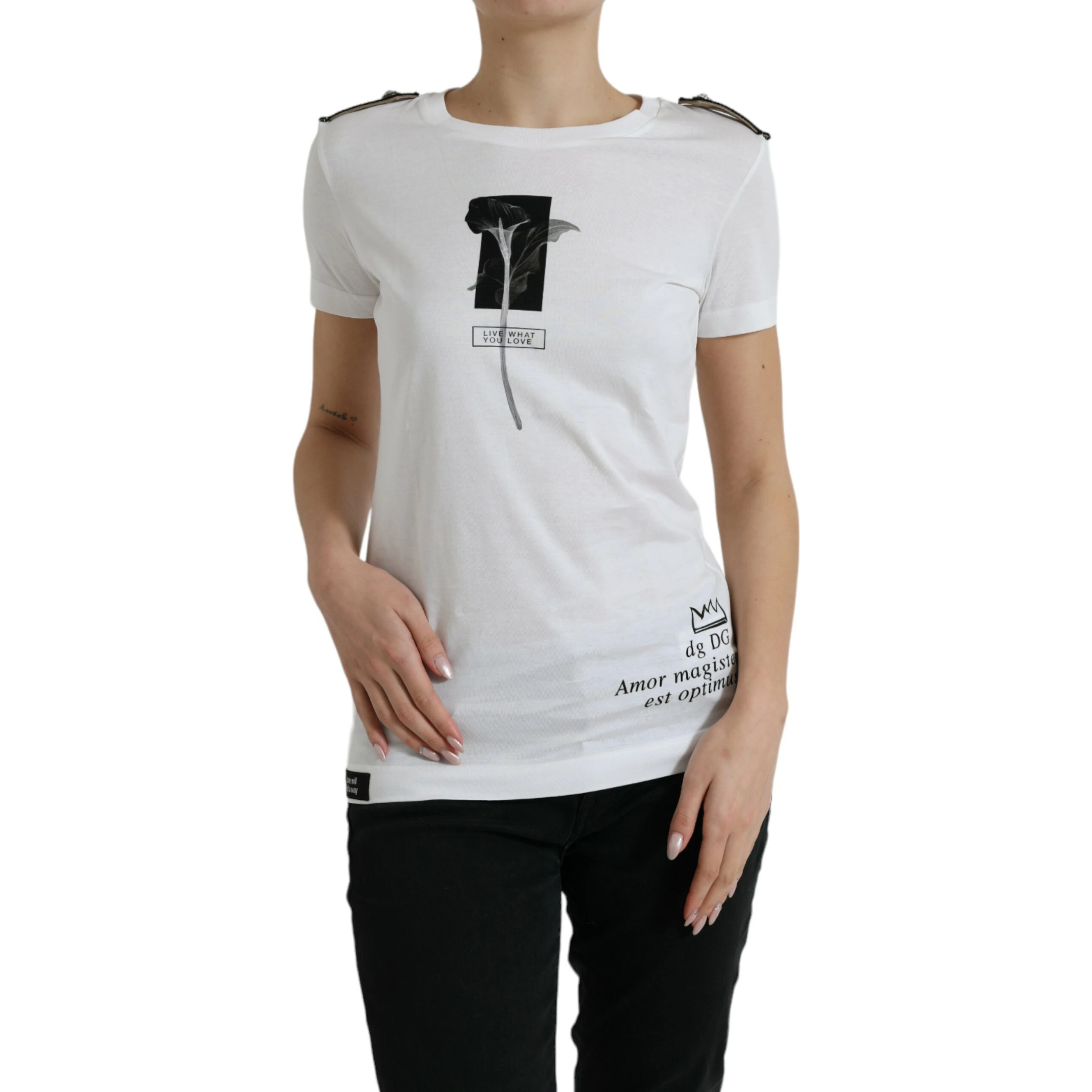 White Black Roses Crewneck Cotton T-shirt