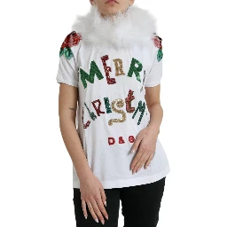 White Cotton Christmas Sequin Fur T-shirt