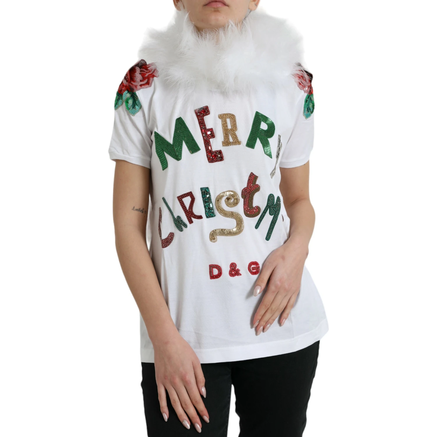 White Cotton Christmas Sequin Fur T-shirt