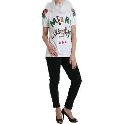 White Cotton Christmas Sequin Fur T-shirt
