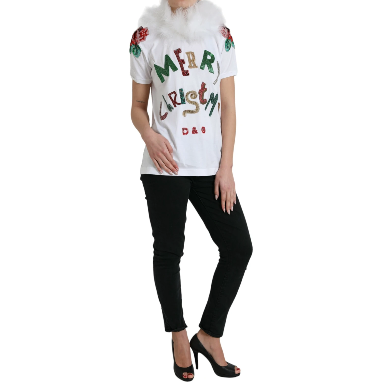 White Cotton Christmas Sequin Fur T-shirt