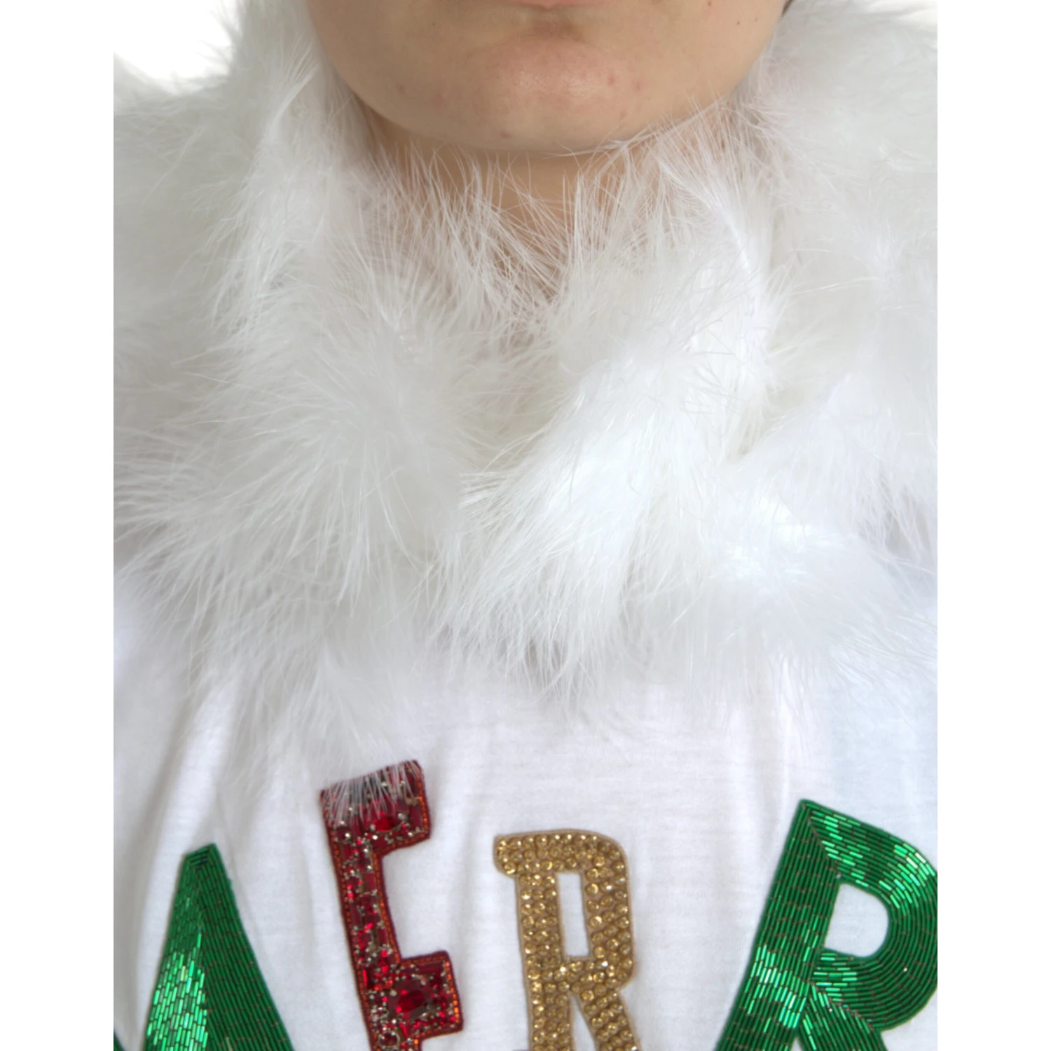 White Cotton Christmas Sequin Fur T-shirt
