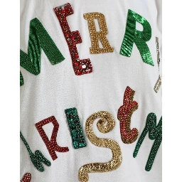 White Cotton Christmas Sequin Fur T-shirt