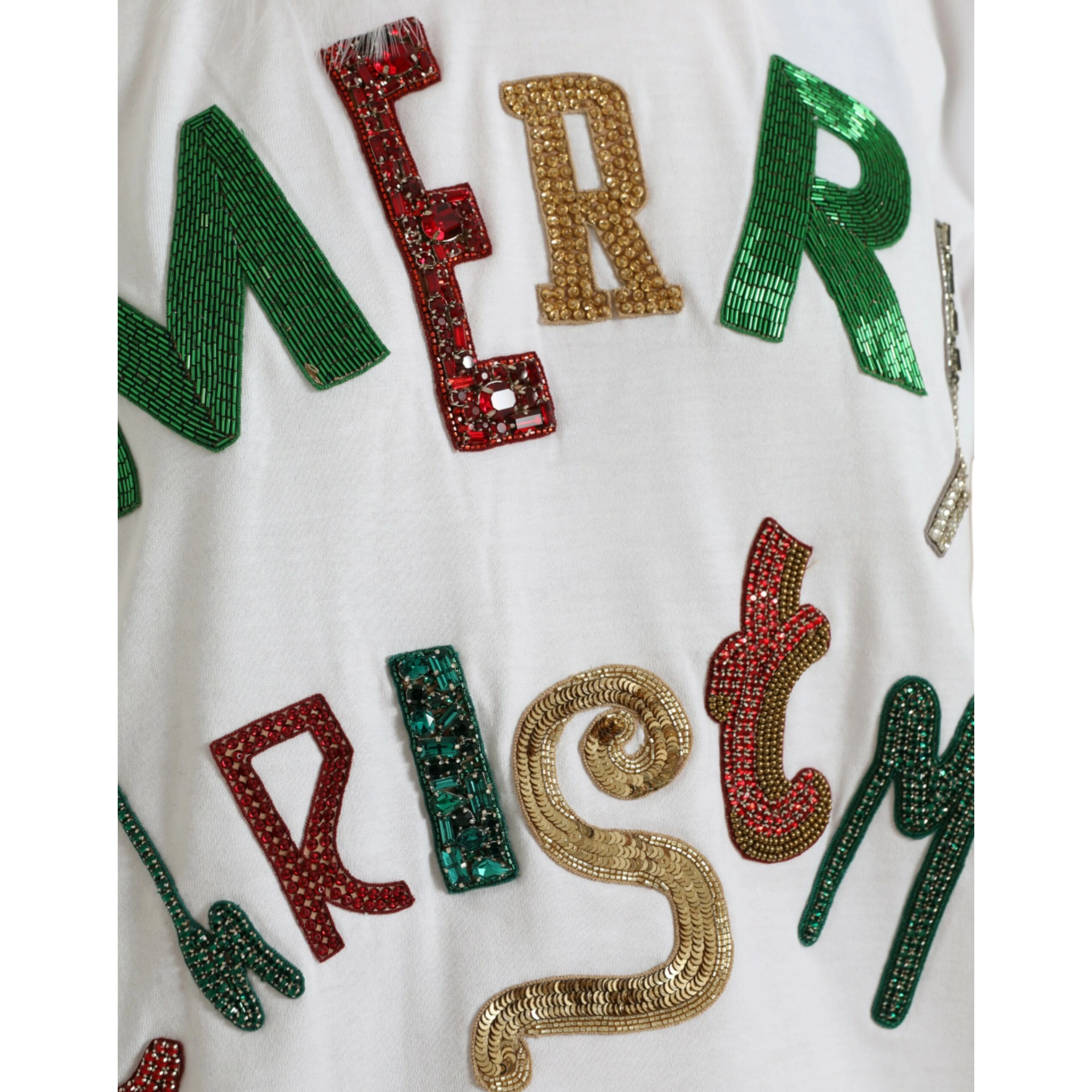White Cotton Christmas Sequin Fur T-shirt