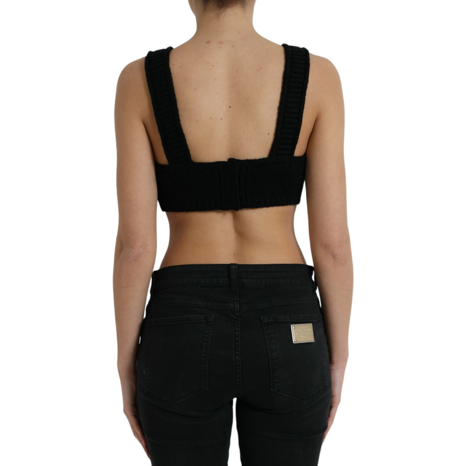 Black Cropped Cashmere V-neck Bustier Top