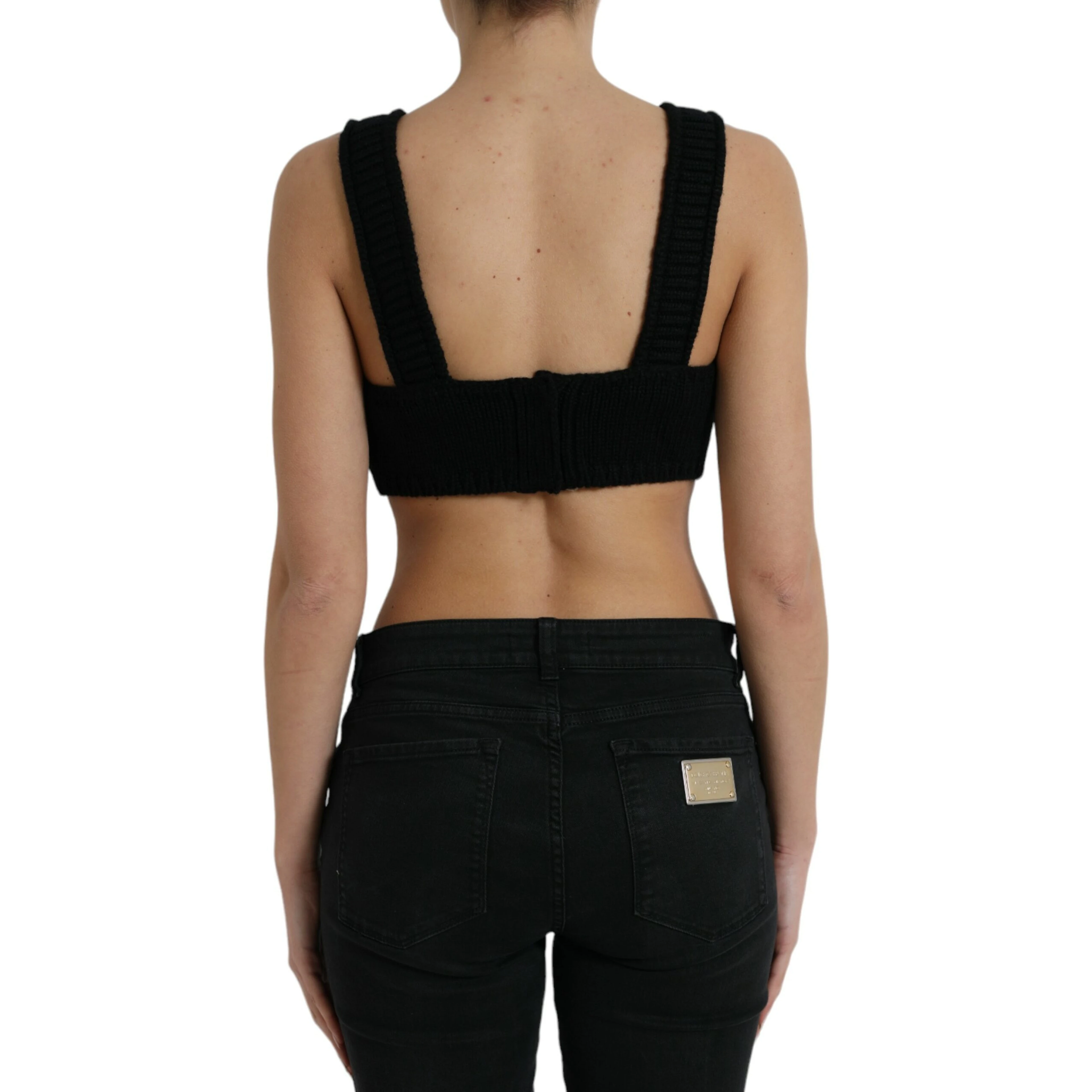 Black Cropped Cashmere V-neck Bustier Top
