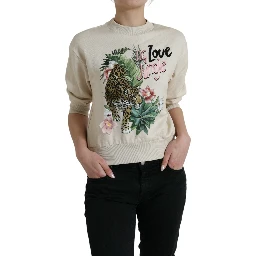 Beige Jungle Printed Cotton Pullover Sweater