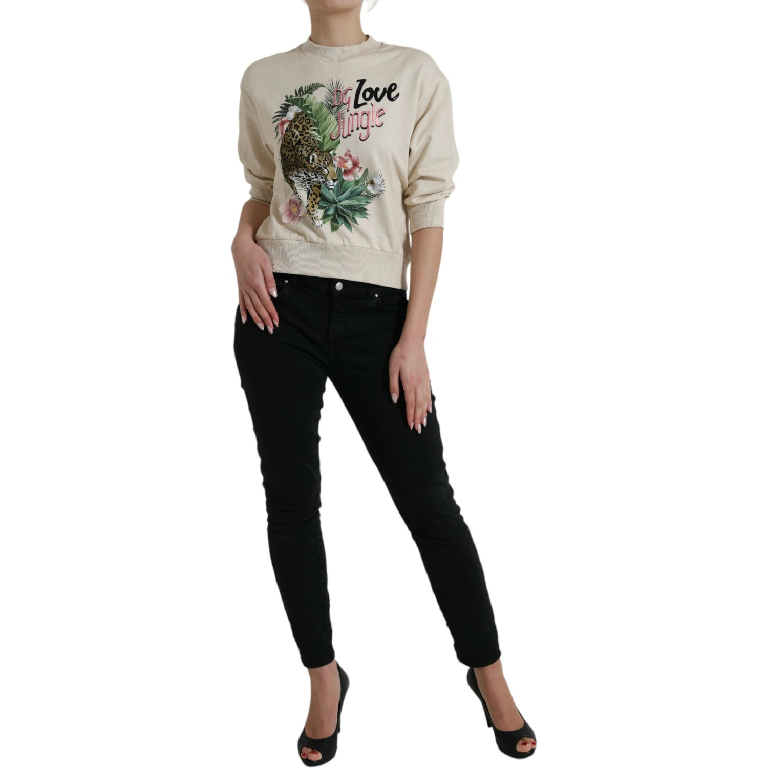Beige Jungle Printed Cotton Pullover Sweater