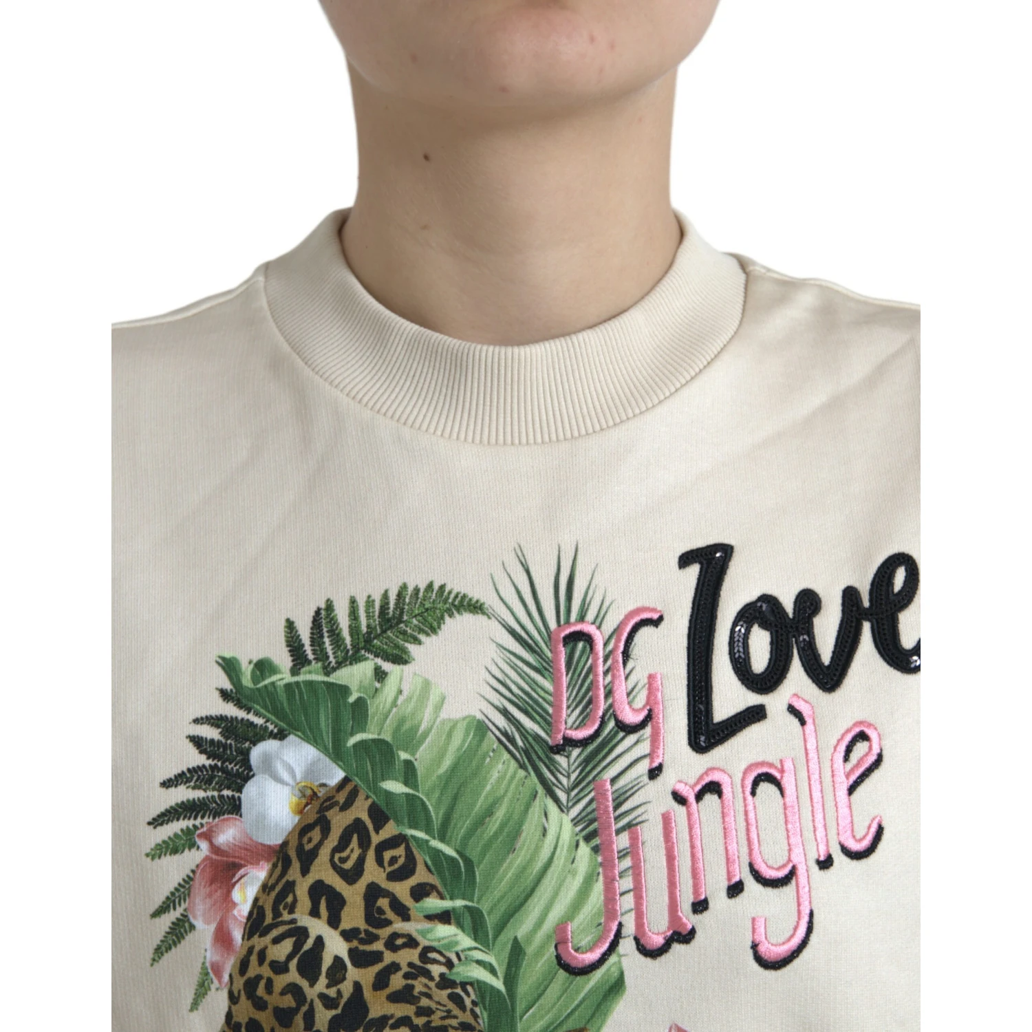 Beige Jungle Printed Cotton Pullover Sweater