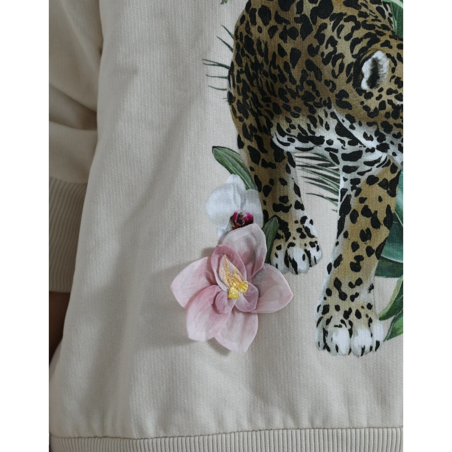Beige Jungle Printed Cotton Pullover Sweater