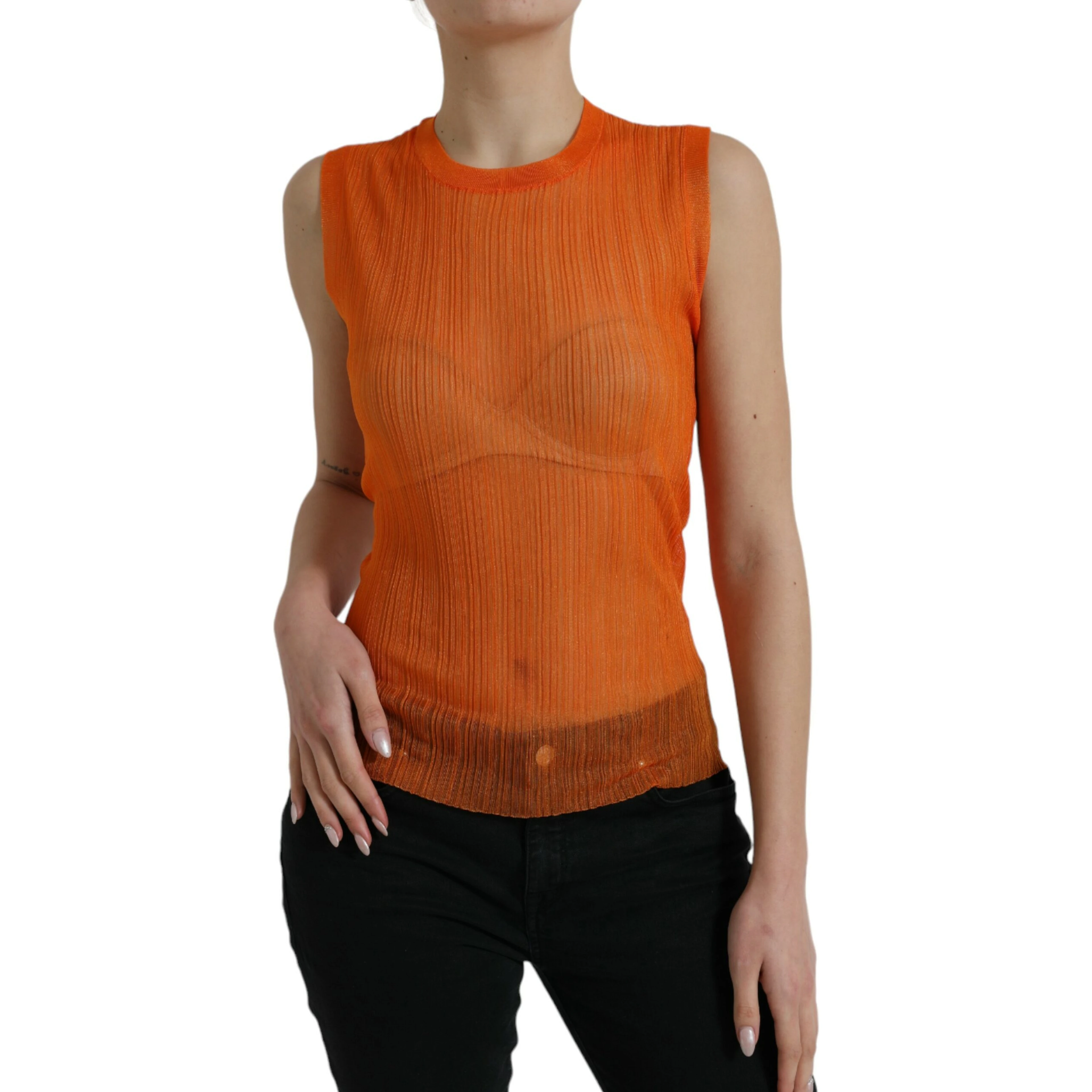 Orange See Through Crew Neck Blouse Tank Top