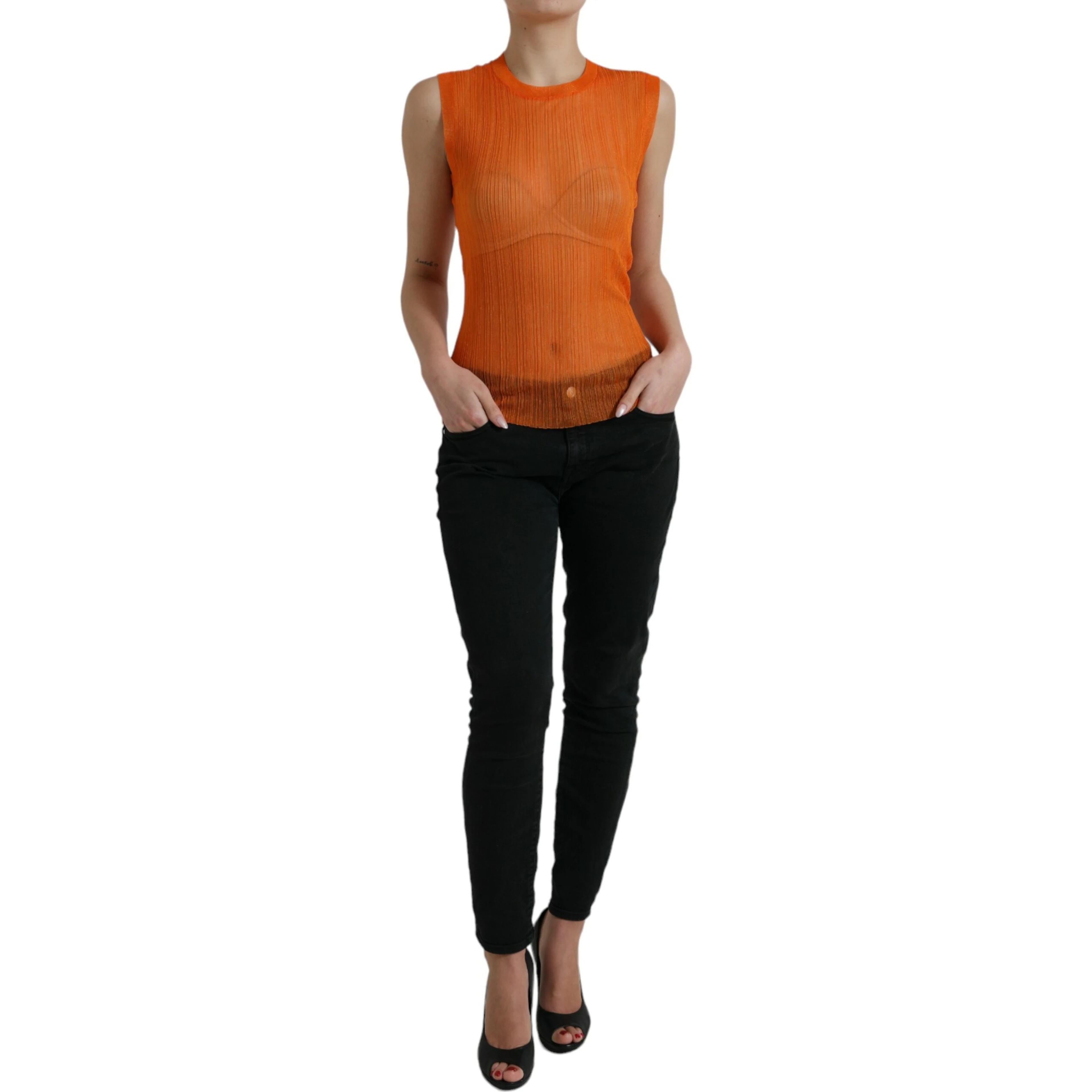 Orange See Through Crew Neck Blouse Tank Top