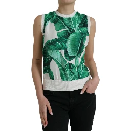 White Banana Leaf Print Crew Neck Tank Top