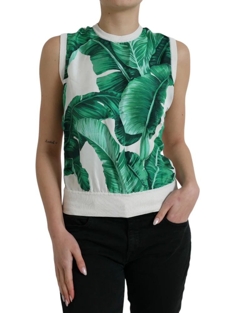 White Banana Leaf Print Crew Neck Tank Top