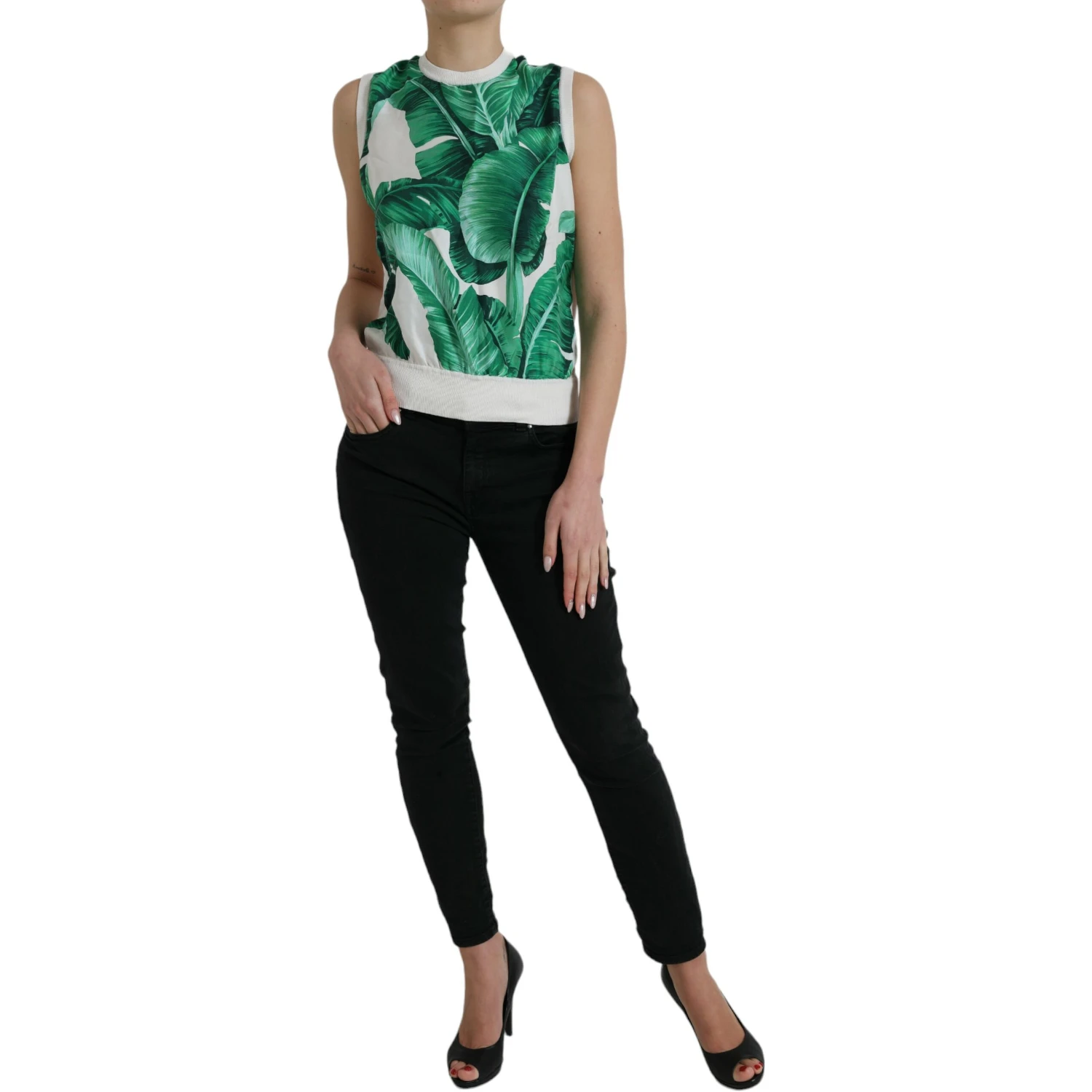 White Banana Leaf Print Crew Neck Tank Top