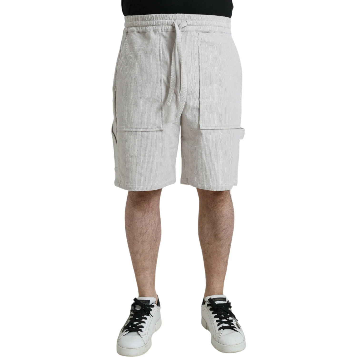 Beige Cotton Corduroy Logo Bermuda Shorts