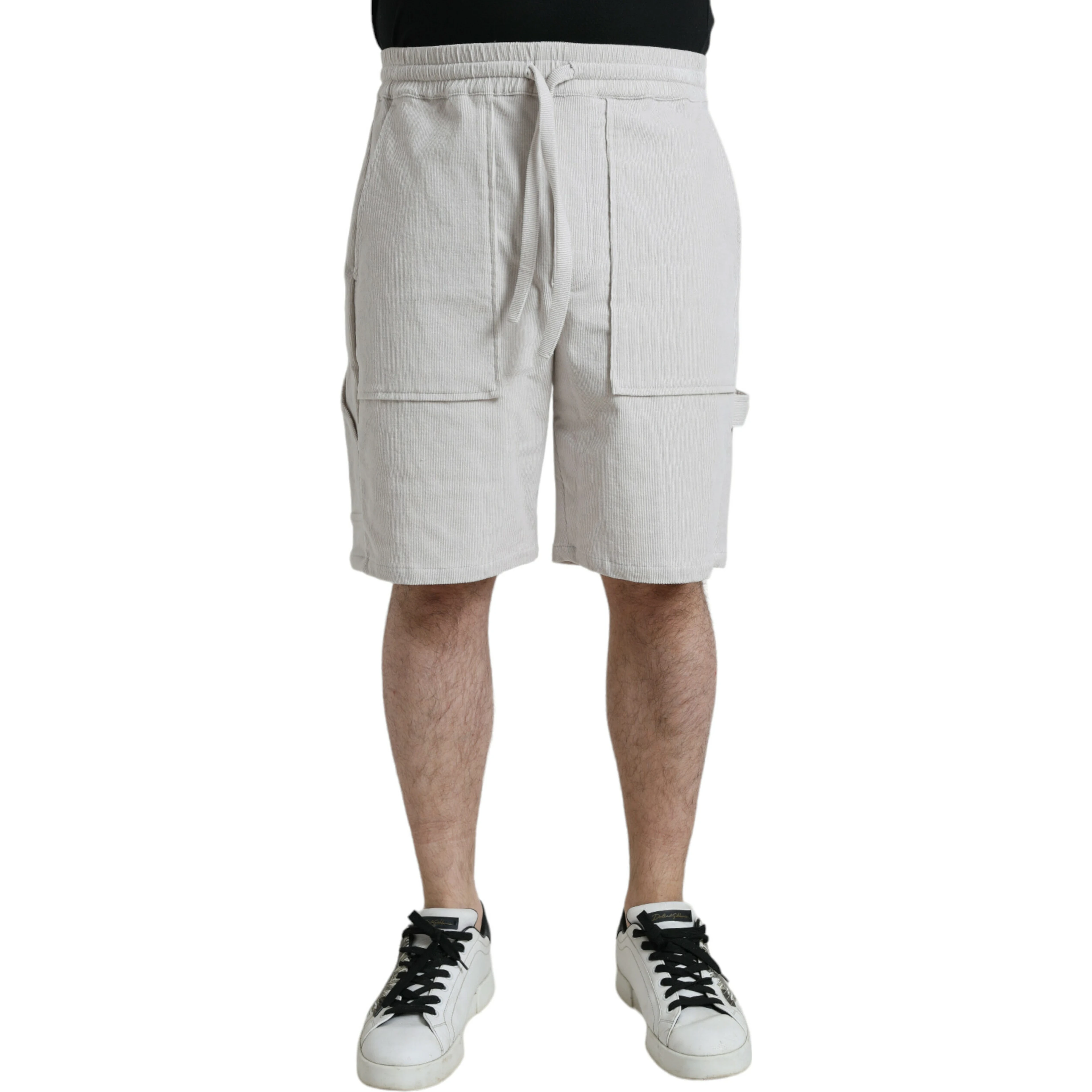 Beige Cotton Corduroy Logo Bermuda Shorts