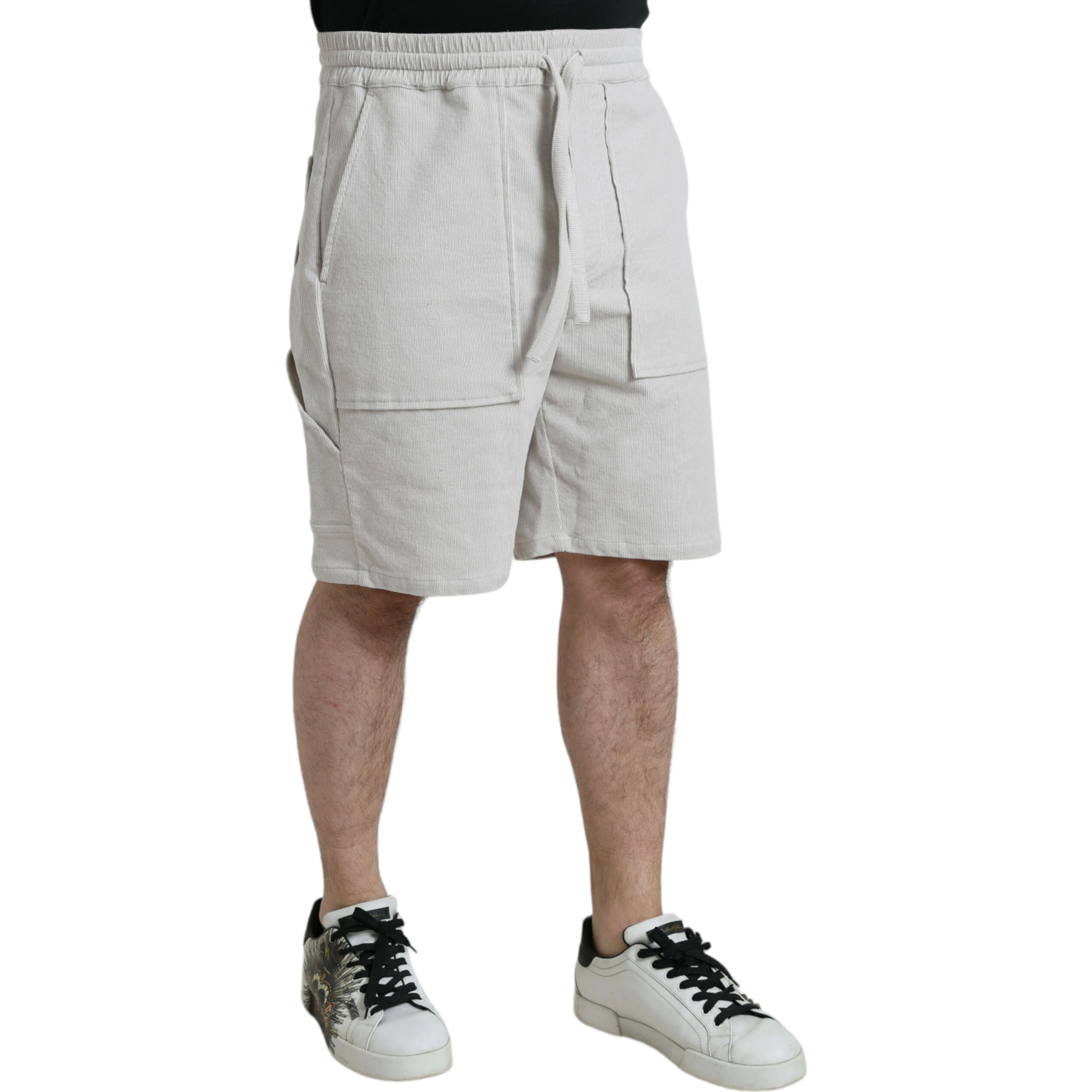 Beige Cotton Corduroy Logo Bermuda Shorts