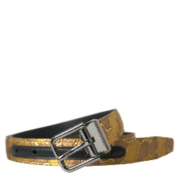Gold Leather Jacquard Silver Metal Buckle Belt