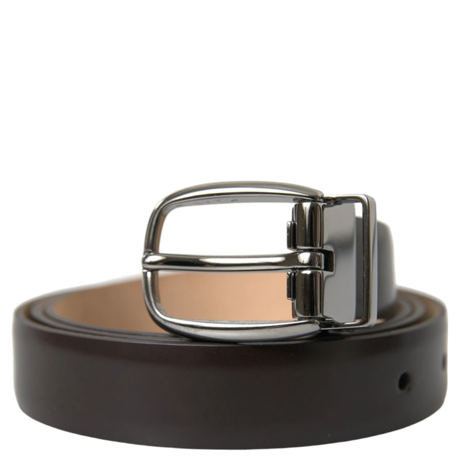 Dark Brown Leather Silver Metal Buckle Belt